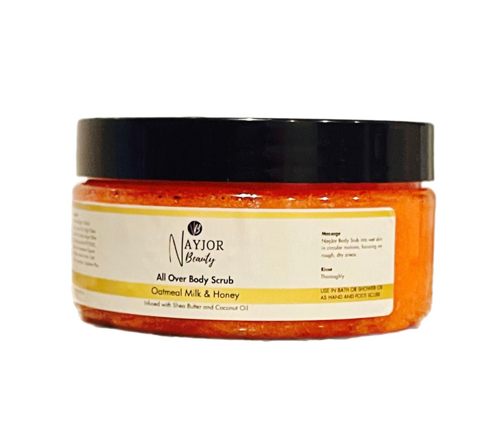 Nayjor Beauty Oat Milk Honey Body Scrub in an 8 oz jar – Hydrating and exfoliating body scrub for soft, glowing skin.